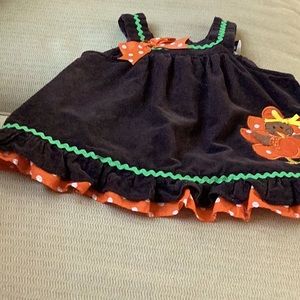 Rare Editions brown 6M EUC Turkey appliqué jumper, with orange and green accents